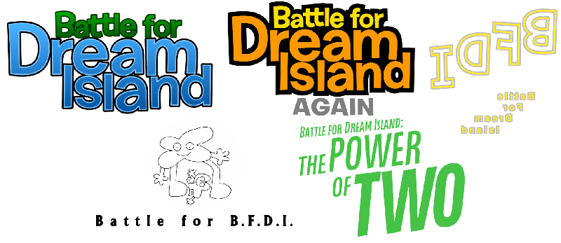 Logos of each of the five BFDI seasons: Battle for Dream Island, Battle for Dream Island Again, IDFB, Battle for BFDI, and The Power of Two